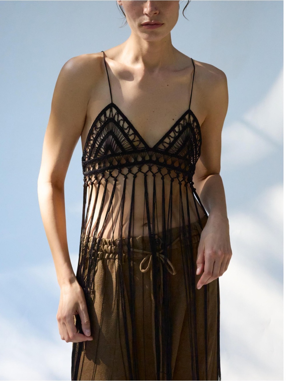 ZARA Fringed Crochet Bra Top XS / Small Black NWT Tunic Tank Blouse Fringe